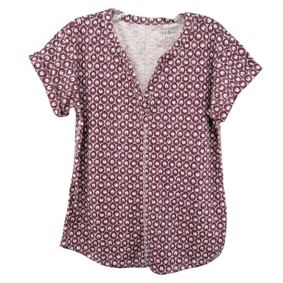 LL Bean Streamside Tee Split Neck Purple Geometric Size XS Short Sleeve 510118 - Picture 1 of 6